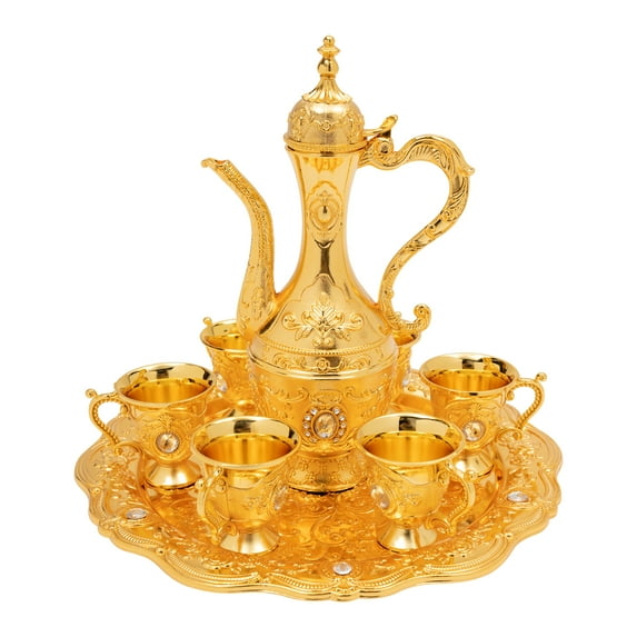 Vintage Metal Tea Set Coffee Set with Teapot, 6 Cups and Serving Tray Gold