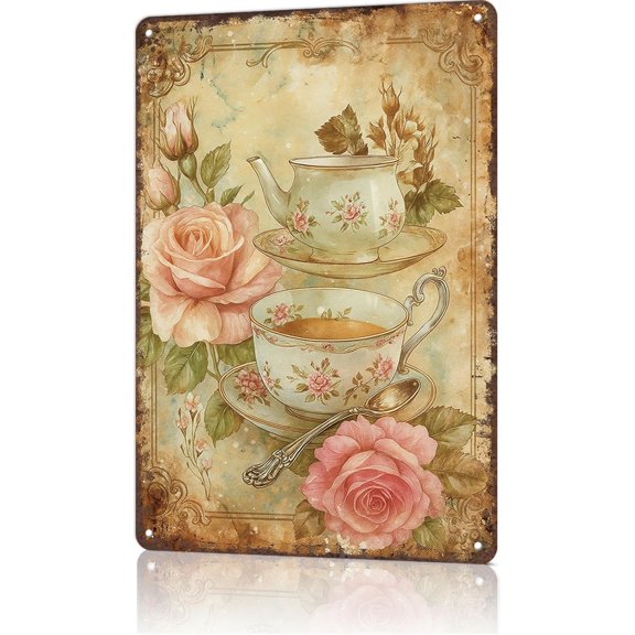 Vintage Metal Tea Time Wall Sign, Country Style Funny Poster Wall Art Decor for Home Living Room Garage Bar, 8 x 12 Inch