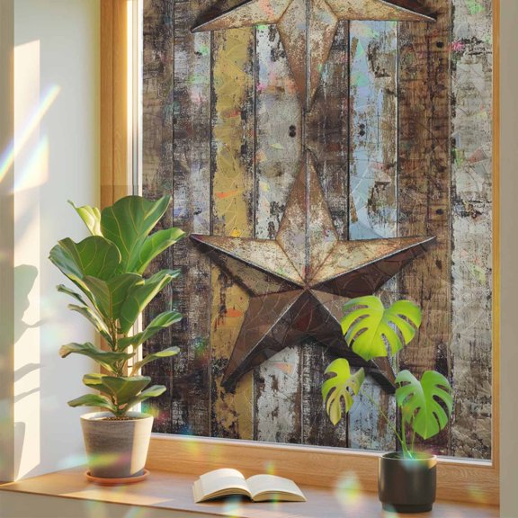 Vintage Metal Texas Stars Window Privacy Film, Rainbow Film Decorative Window Sticker 17.7x39.3in, Country Old Wood Grain Sun Blocking Static Stained Glass Cling Tint Non-Adhesive