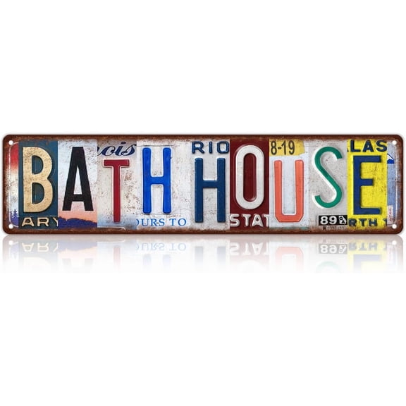 Vintage Metal Tin Bath House Street Sign Style Wall Decor, Retro Bathroom Themed Indoor Wall Art Decoration, 4 x 16 Inch