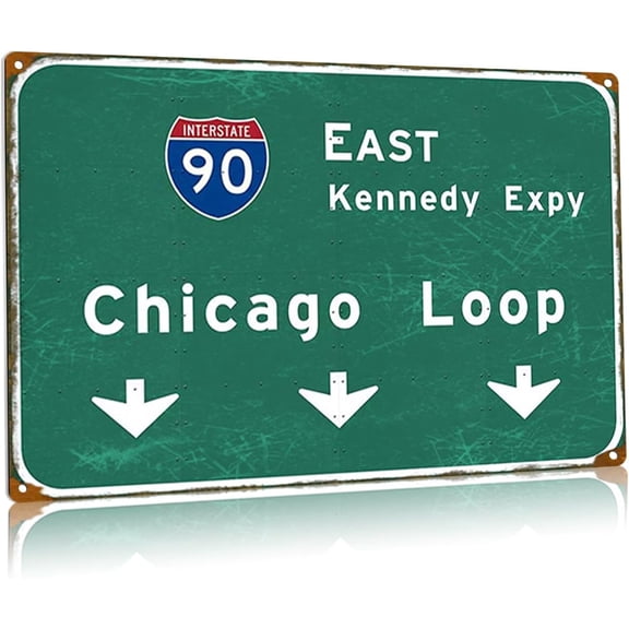 Vintage Metal Tin Interstate 90 East Road Sign Wall Decor, Chicago Loop Style Highway Street Sign for Home Bar Cafe Club, 8 x 12 Inch