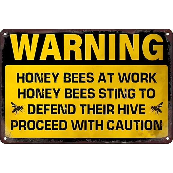 Vintage Metal Tin Retro Warning Honey Bees at Work Sign - 12×8 Inches, Proceed with Caution, Farm Garden Garage Home Bar Cafe Club Outdoor Decor
