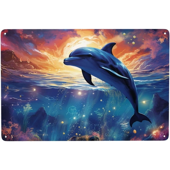 Vintage Metal Tin Sign 12x8 Inch Colorful Starry Sky Ocean Dolphin Wall Art for Home Office Kitchen Bar Cafe Garden Farmhouse Decor