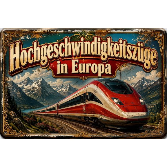 Vintage Metal Tin Sign 2D Flat European High-Speed Trains Wall Art 8x12, Railway Collage TGV ICE Frecciarossa for Train Enthusiasts Gift