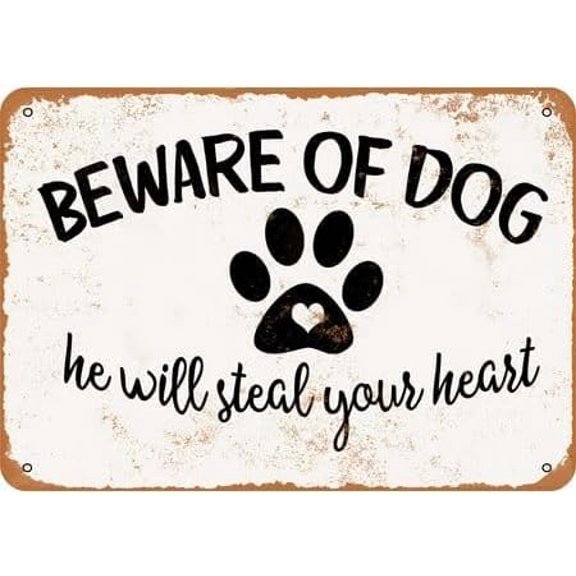 Vintage Metal Tin Sign 8x12 inch Beware of Dog He Will Steal Your Heart Retro Wall Decor for Home, Cafe, and Garden - Aluminum Sign for Men & Women