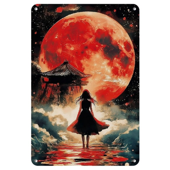 Vintage Metal Tin Sign 8x12 inches - Frameless Moonlit Shrine Wall Art for Home, Office, Cafe, and Bar - Easy to Hang Metal Plaque, Rustic Wall Decor