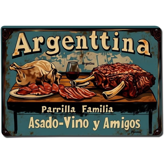 Vintage Metal Tin Sign Argentina Grill Family Barbecue Wine Friends Sign Retro Wall Decor Poster, Home Bar Garage Cafe Kitchen Wall Art Decoration 8x12Inches