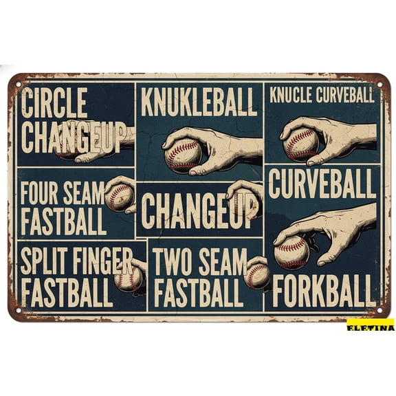 Vintage Metal Tin Sign Baseball Pitching Grips And Baseball Skills S Bar Cafe Garage Home Wall Decoration Baseball Gift Women Men 8x12 Inch