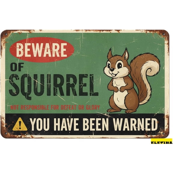 Vintage Metal Tin Sign Beware - Funny Squirrel Gifts Lovers - Wall Decor, Squirrel House Picnic Table Feeder - Aluminum - 8 X 12 Inch
