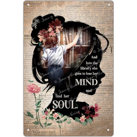 Vintage Metal Tin Sign Books Into The Library Poster, Girl Love Books Wall Art, Book Lover, Book Dictionary Retro Metal Sign for School Classroom Nursery Cafe Wall Art Sign Gift 5.5x8 Inches