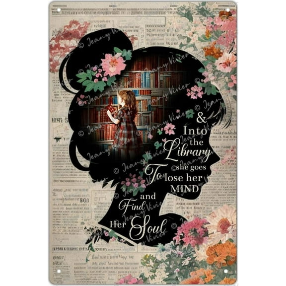 Vintage Metal Tin Sign Books Into The Library Vertical Poster, Girl Love Books Vintage Wall Art, Book Lover, Book Dictionary Poster Metal Tin Sign for School Classroom Nursery Decor 5.5x8 Inch