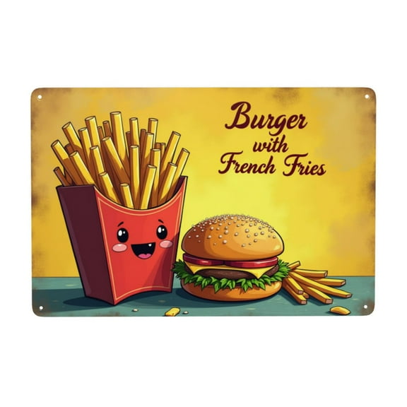 Vintage Metal Tin Sign Burger With French Fries Wall Art Retro Diner Decor Kitchen Decor 8x12 Inch Metal Sign Fast Food Restaurant Decor Home Bar Decor