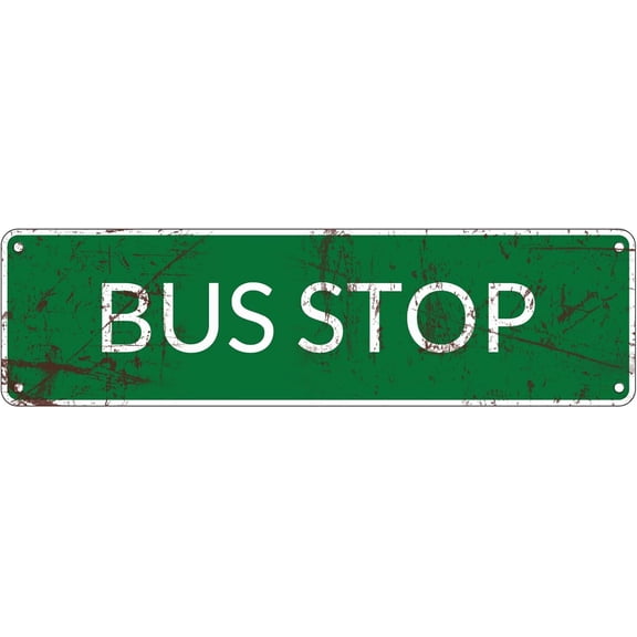 Vintage Metal Tin Sign - Bus Stop - 4"x16" - Green - Rectangular - IndoorOutdoor Decor