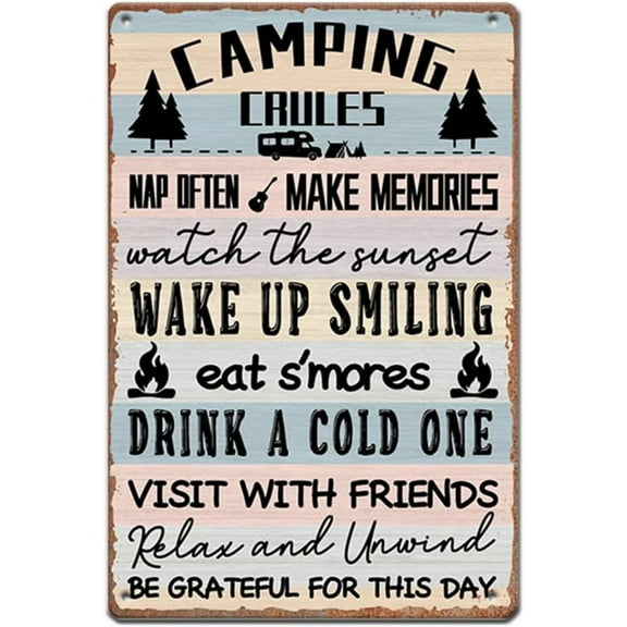 Vintage Metal Tin Sign Camping Rules Sign Decor for Camping Enthusiasts Rustic Outdoor Signage for Campsites Camping Metal Sign Funny Camping Themed Decor Rv Wall Art Decor Cabin Sign