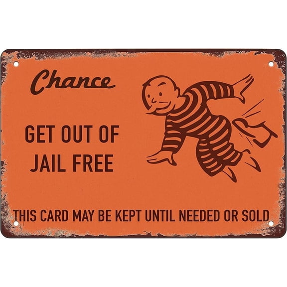 Vintage Metal Tin Sign Chance Card Monopoly Get Out of Jail Free Sign Wall Decor Funny Sign 8x12 Inch for Cafe Bar Bedroom Wall Decorative Art Sign