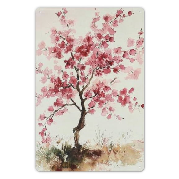 Vintage Metal Tin Sign Cherry Blossom Flower Watercolor Decor Pink Gifts for Her Wall Girl Home Garden Kitchen Bar Cafe Restaurant Garage 8x12 Inch