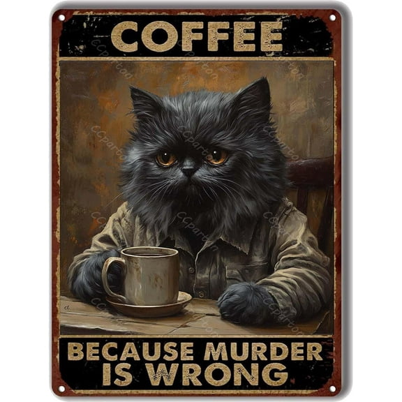 Vintage Metal Tin Sign Coffee Because Murder Is Wrong Cat Poster Aluminum Wall Art Decor for Home Kitchen Bar Cafe Office 8x12 Inch Funny Retro Black Cat Drinking Coffee Saying Quote Sign