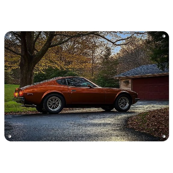 A Vintage Metal Tin Sign of a Datsun 280Z, Measuring 8"X12", Classic Car Poster, Perfect for Men'S Lounges, Garages, And As Wall Decor for Car Enthusiasts.