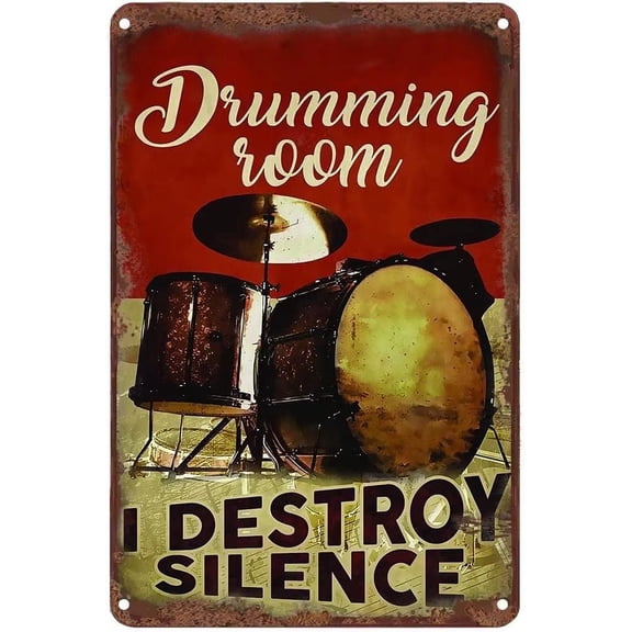 Vintage Metal Tin Sign,Drum set poster drumming room i destroy silence,Home Gate Garden Bars Restaurants Cafes Office Store Pubs Club Sign Gift 8x12 Inch Plaque Tin Sign,Wall Art Sign Wall Decor