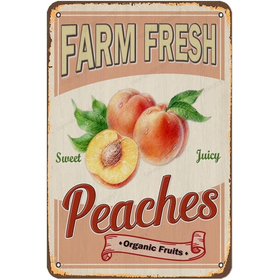Vintage Metal Tin Sign Farm Fresh Sweet Juicy Peaches Retro Look 12x8 Inches Metal Decoration Painting Sign for Cafes Bars Pubs Shop Wall Decorative Funny Retro Signs for Men Women