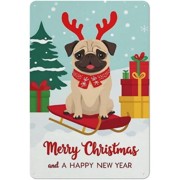 Vintage Metal Tin Sign Festive Christmas Pug Retro Wall Decor for Bar Garage Man Cave 8 x 12 Inch