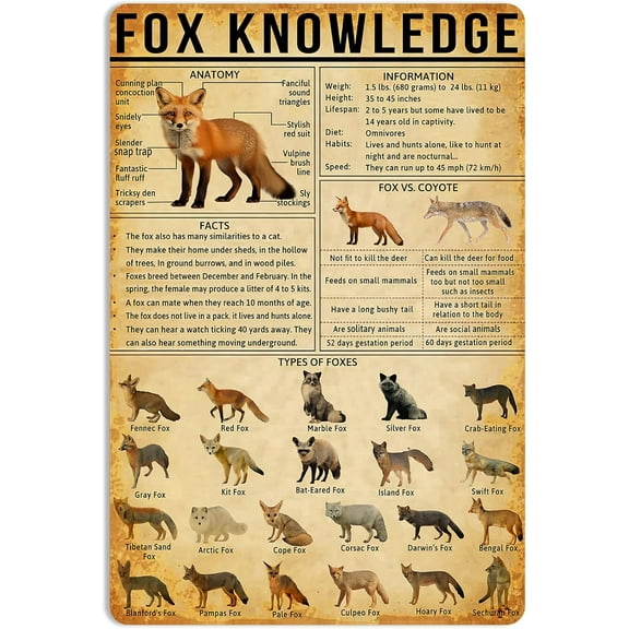 Vintage Metal Tin Sign Fox Knowledge Wall Art Decor for Bar, Club or Farmhouse, Hunting Design, 8 x 12 Inch