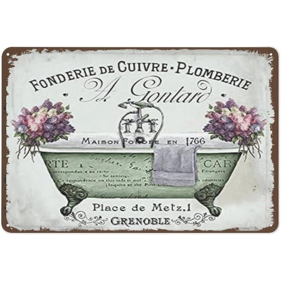 Vintage Metal Tin Sign French Bathroom Wall Art Shabby Chic Bathtub Retro Home Decor Pink Bee Poster 12x16 Inch