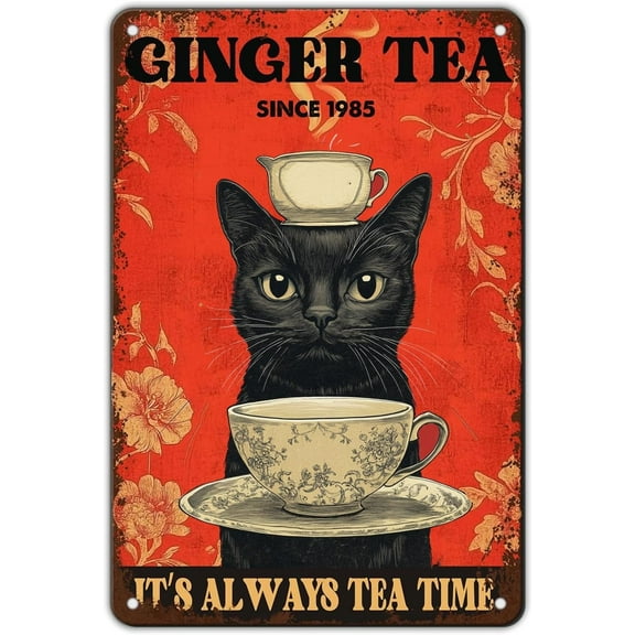 Vintage Metal Tin Sign Ginger Tea Time Cat with Teacup Floral Design Retro Wall Decor for Home Kitchen Cafe Bar Office 8x12 Inch Aluminum Art Poster