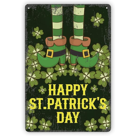 Vintage Metal Tin Sign Happy St. Patricks Day, Shamrock Decor With Leprechaun Shoes, Wall Art For Home, Bar, Kitchen Retro Irish Plaque For Indoor & Outdoor Custom Private Property Signs