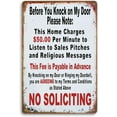 thumbnail image 1 of Vintage Metal Tin Sign - Humorous No Soliciting Message, 50 Charge Warning, Pre-Payment Required, Door Policy Sign, Funny Privacy Decor, 12x8 inches for Home and Business, 1 of 5