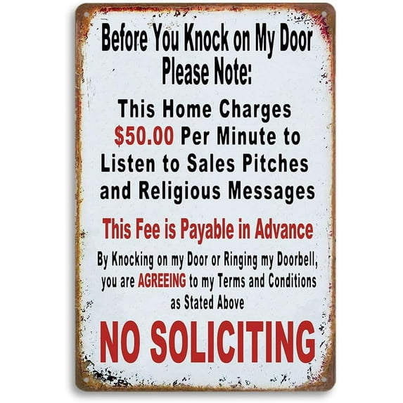 Vintage Metal Tin Sign - Humorous No Soliciting Message, 50 Charge Warning, Pre-Payment Required, Door Policy Sign, Funny Privacy Decor, 12x8 inches for Home and Business