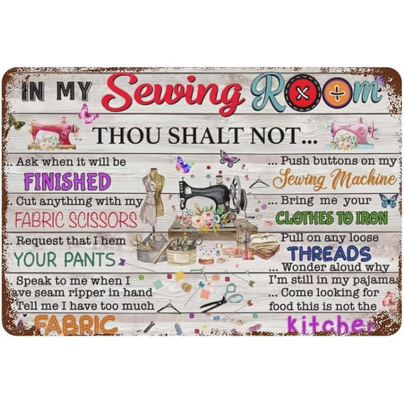 Vintage Metal Tin Sign In My Sewing Room Thou Shalt Not Sewing Lovers Gift Valentine's Day Sign Funny Novelty Kitchen Bar Club Garage Home Decor Wall Art Tin Signs 8X12 Inches