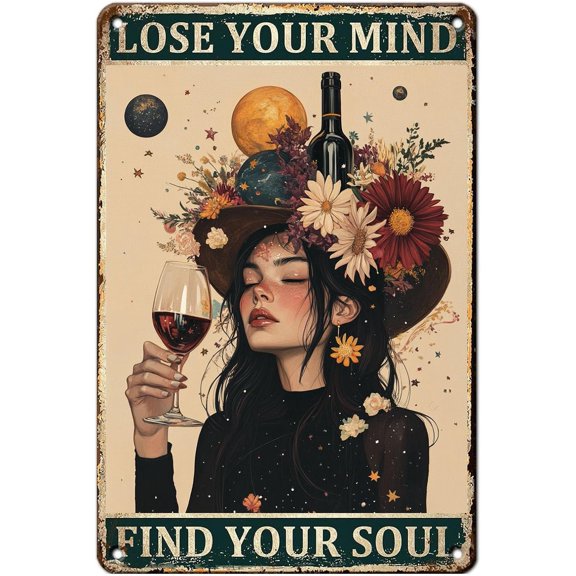 Vintage Metal Tin Sign Lose Your Mind Find Your Soul with Floral Celestial Design Retro Wall Art Decor for Home Bar Cafe Office 8x12 Inch Aluminum Poster