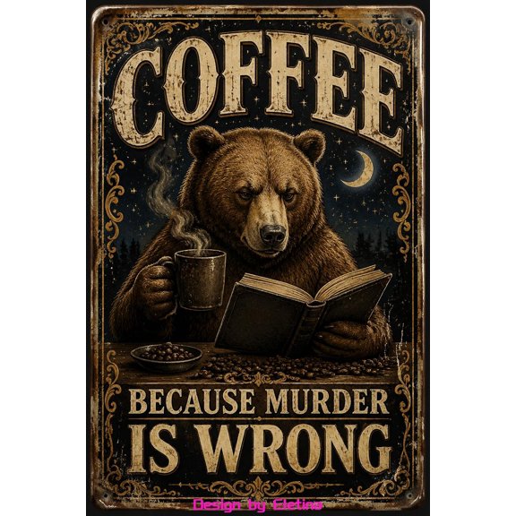 Vintage Metal Tin Sign for Man Cave Coffee Because Murder Is Wrong 8x12 In Bear Reading Book With Bookworms Humor Enthusiasts Wall Decor Garden,aluminum style 1