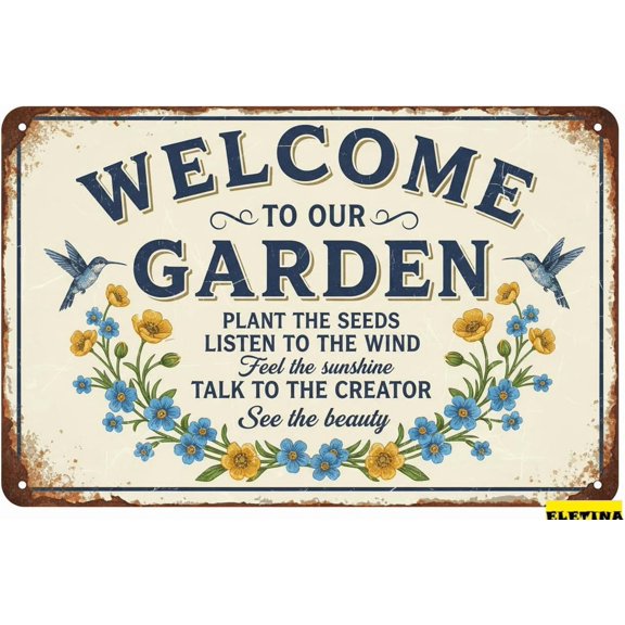 Vintage Metal Tin Sign for Man Cave Garden Decor Outside, welcome To Our Garden” Floral, Rustic Front Porch Decor, Wall Art, 8x12 Inch Private Property Decorative