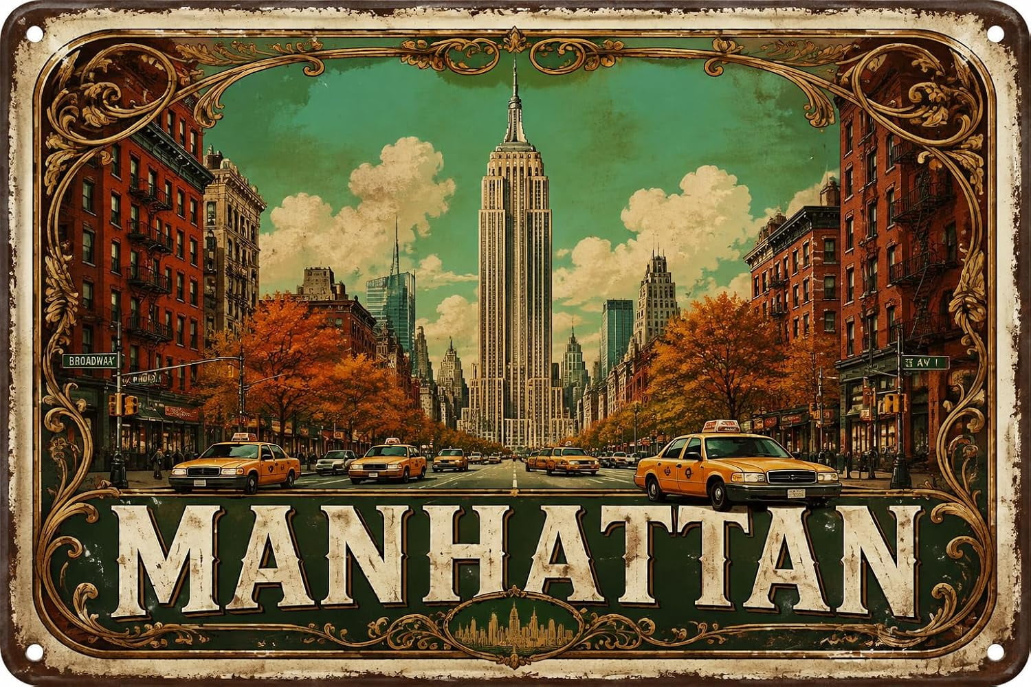 Vintage Metal Tin Sign Manhattan City Street Orange Leaf Yellow Taxi ...