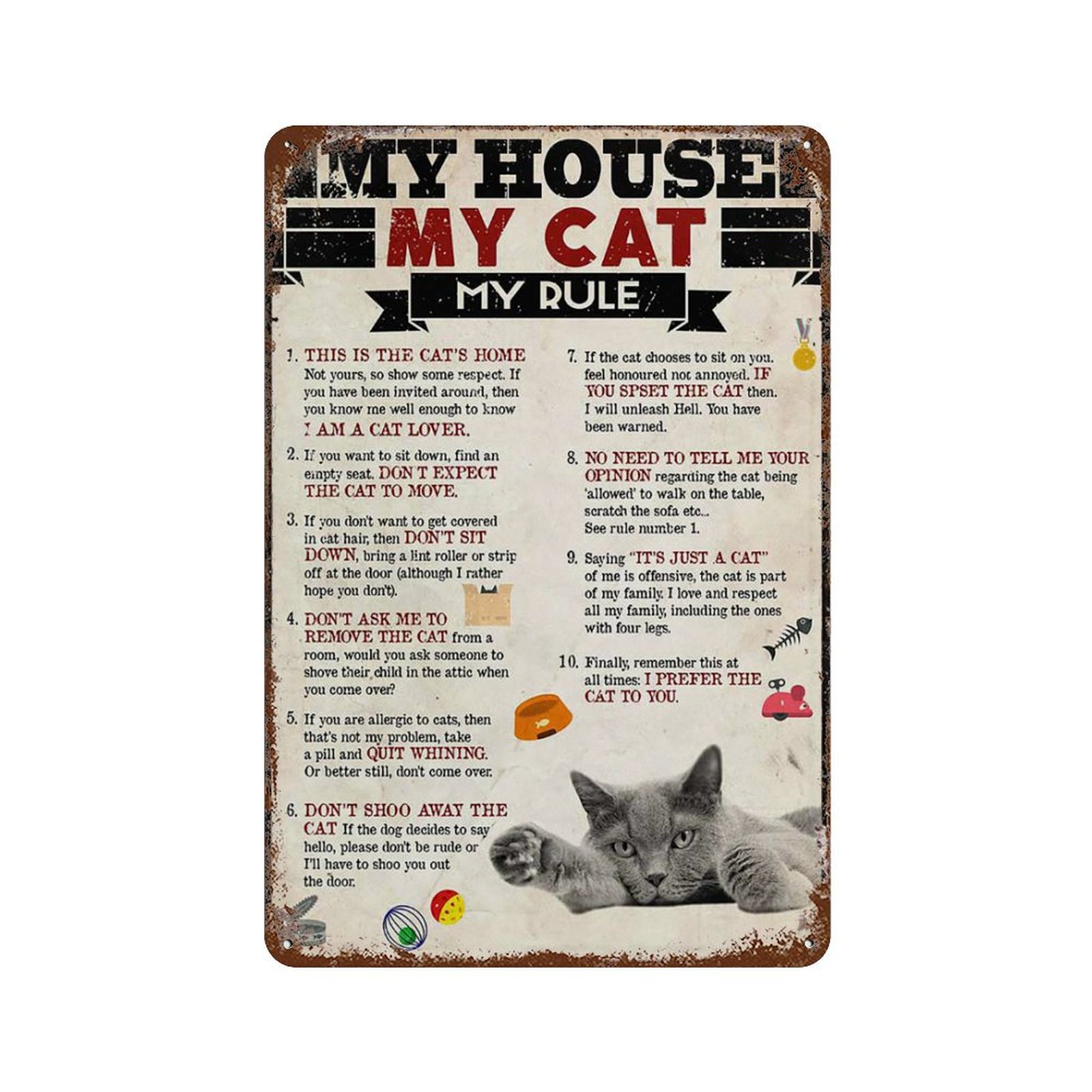 Cartello In Metallo 20x30 Cm "My House My Cat My Rules" Per Parete, Stile Retrò, Decorazione Per Casa, Cucina, Giardino, 4 Fori Per Appendere