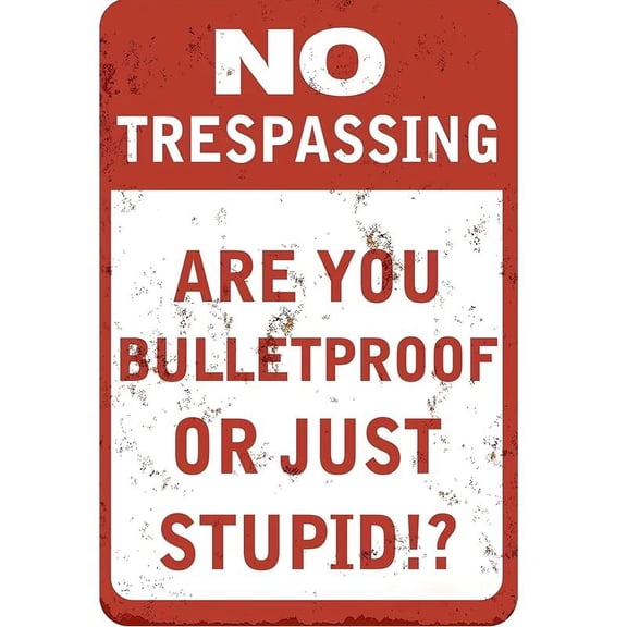 Vintage Metal Tin Sign "No Trespassing - Are You Bulletproof or Just Stupid?" Wall Decor for Home, Coffee Shop, Bar Man Cave - Holiday Hanging Decoration 8x12 Inch, Bar Decoration Metal Plaque Wall