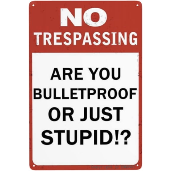 Vintage Metal Tin Sign No Trespassing are You Bulletproof Or Just Stupid Warning Tin Sign for Home Coffee Bar Wall Decor 8x12 Inch