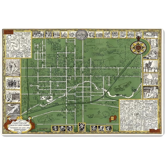 Vintage Metal Tin Sign - Oberlin College Campus Town Guide Map - Circa 1929 - 8x12 Inch - Green, Yellow - Travel Map - Wall Art