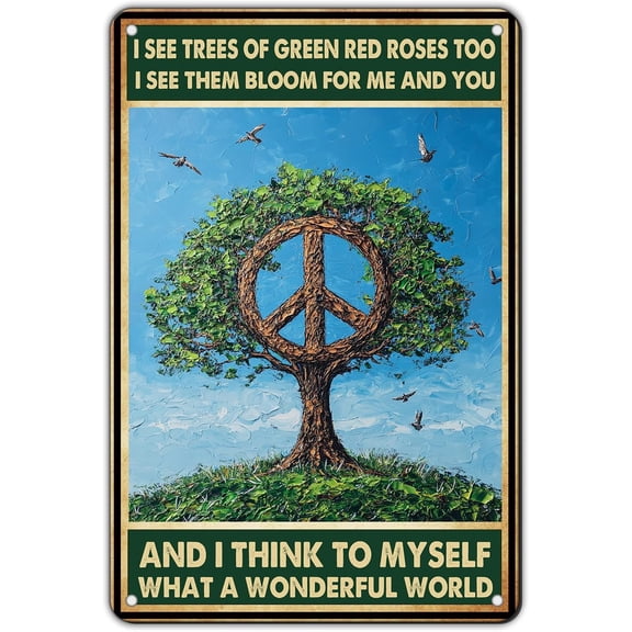Vintage Metal Tin Sign Peace Tree What A Wonderful World Hippie Wall Decor for Bar Music Club Man Cave 8x12 Inch