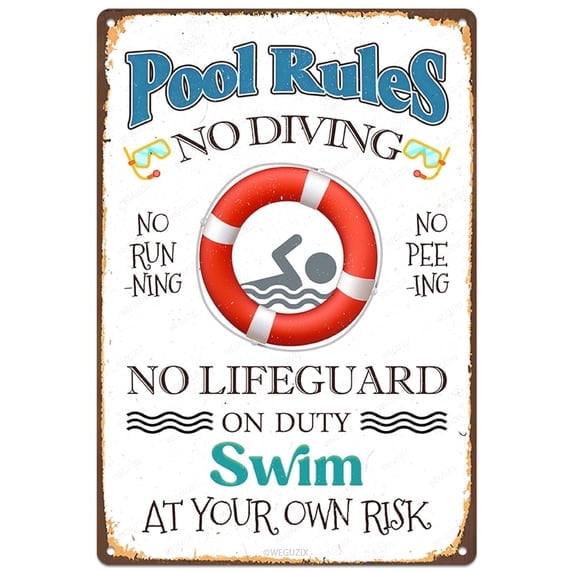 Vintage Metal Tin Sign Pool Rules Sign Decor No Diving Running Peeing Outdoor Decorations for Beach Home Bar Pool Deck Backyard 12X8 in Aluminium Hanging Plaque