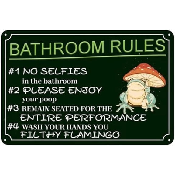Vintage Metal Tin Sign Retro Funny Bathroom Rules Wall Decor Cute Frog Decor Art Creative Signs Toilet Rules Plaque for Cafe Room Bathroom Home Art Wall Decor Gift 8 x 12 Inch
