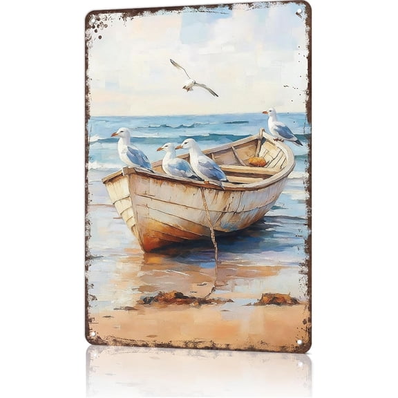 Vintage Metal Tin Sign Retro Sea Birds and Ships Beach Scene Wall Art for Home Living Room Garage Bar Decor, 8 x 12 Inch