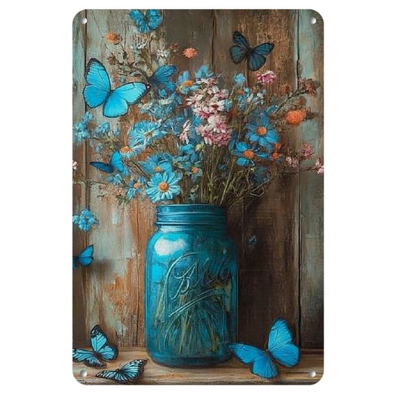 Vintage Metal Tin Sign - Rustic Blue Mason Jar & Butterflies, Distressed Wooden Plank Background, Home Bar or Garage Wall Decor, 8x12 Inches, Metal Outdoor Decor