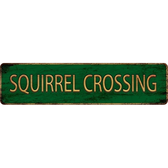 Vintage Metal Tin Sign SQUIRREL CROSSING 4"x16", Street Sign for Home, Restaurant, Bar, Cafe, Garage - Retro Wall Decor Plaque