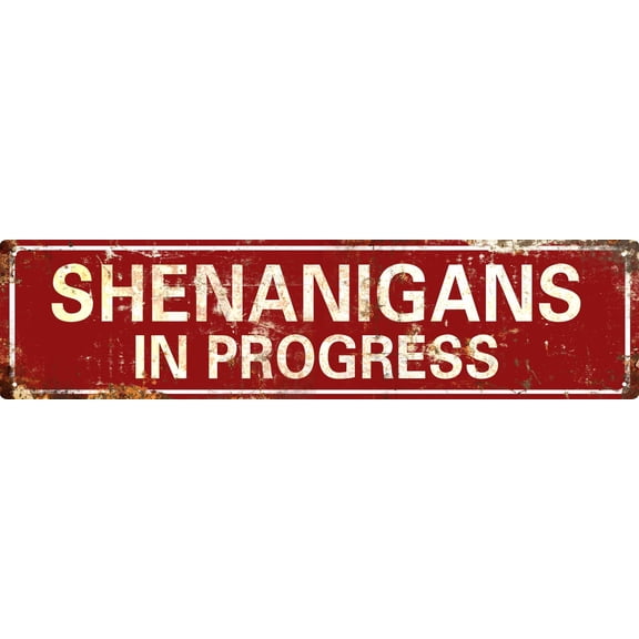 Vintage Metal Tin Sign Shenanigans In Progress, Retro Wall Art for Home Decor, Gothic Kitchen Bathroom Poster, Durable 16x4 inch Plaque, Red