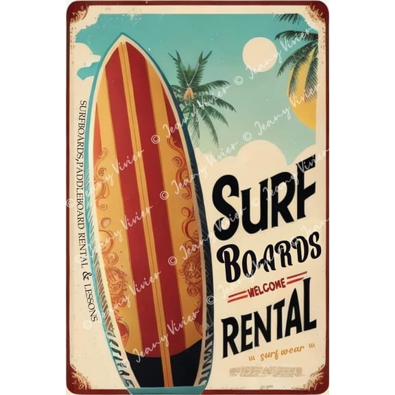 Vintage Metal Tin Sign, Surf Board Rental Surfing Tin Sign, Metal Welcome Sign, Welcome Tin Sign, Hangings Room Art Decor, Retro Art Home Bar Garage Decor for Men 5.5x8 Inches