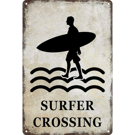 Vintage Metal Tin Sign Surfer Crossing Tin Signs Beach Room Decor Aesthetic Beachy Surfboard Wall Decor Beach Metal Sign Rustic Lively Tableaus Signs Man Cave Dining Room Bar Plaques 12x8 inch