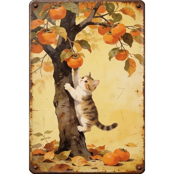 Vintage Metal Tin Sign Sweet Tabby Cat Climbing Persimmon Tree Wall Decor Plaque Retro Fall Nature Art for Farmhouse Kitchen Living Room 8x12 Inch